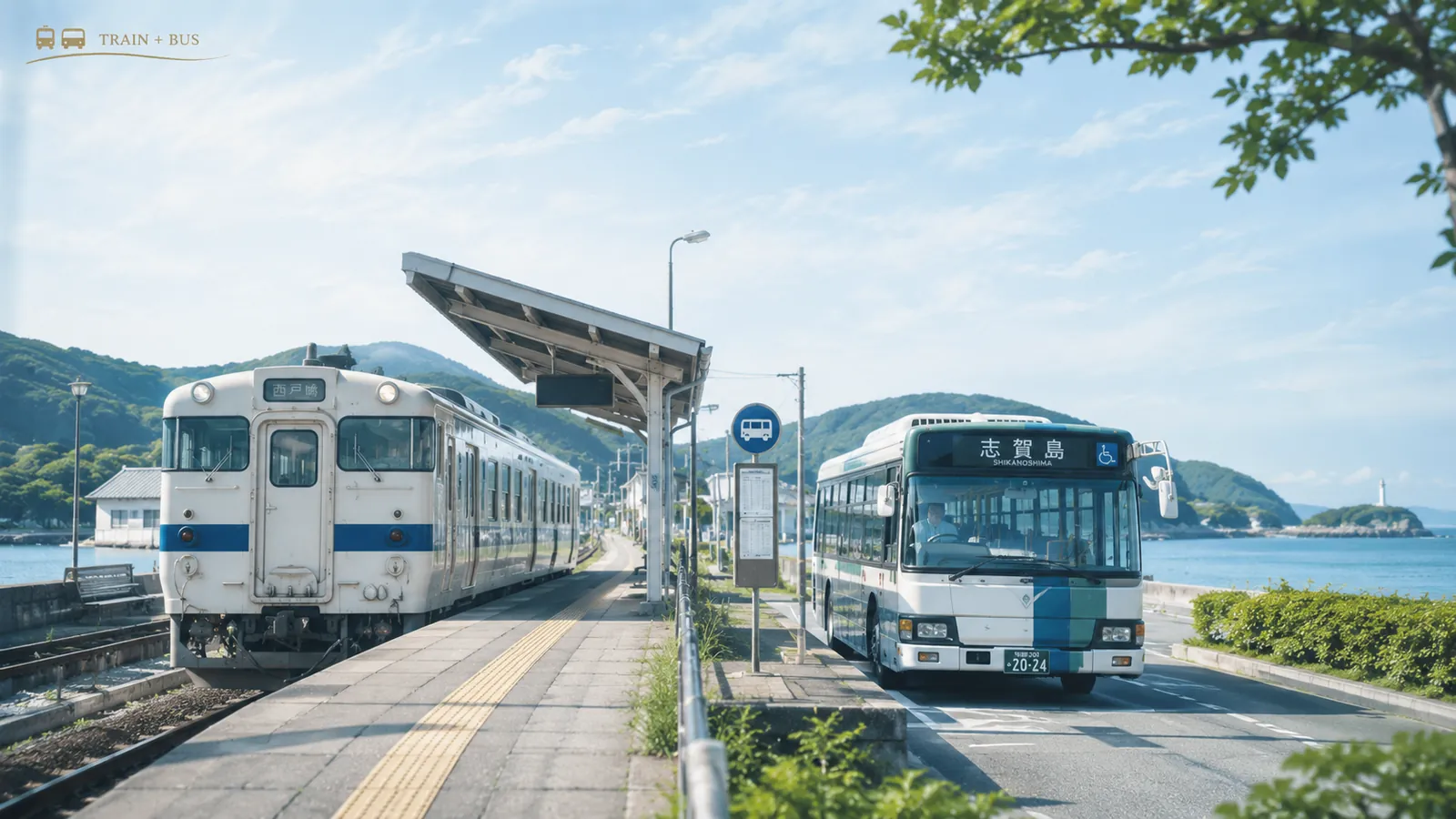 西戸崎駅でJR香椎線から志賀島方面の西鉄バスへ乗り換える流れを表現したイメージ画像