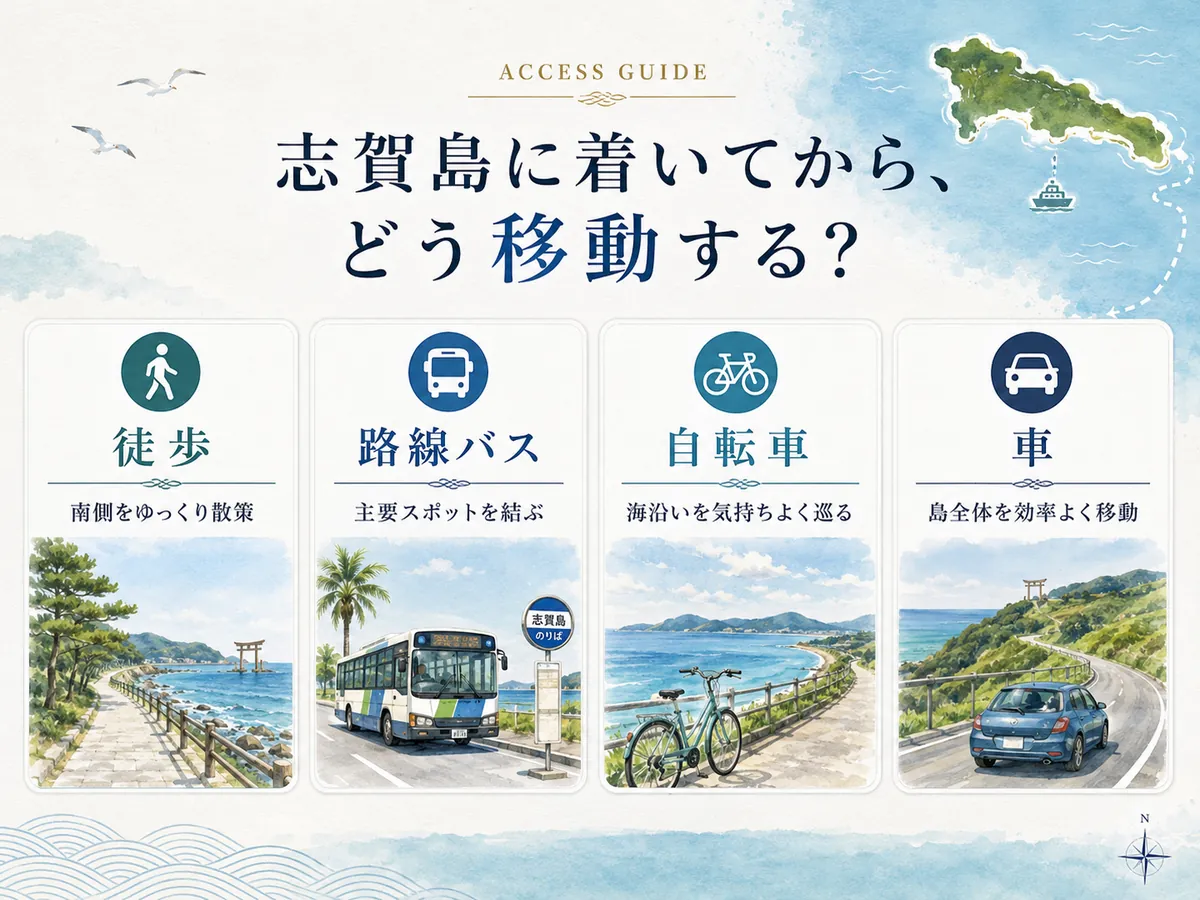 志賀島到着後の徒歩・路線バス・自転車・車による移動方法を示したイメージ画像