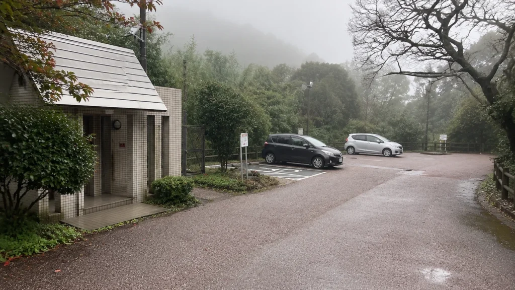 潮見公園の高台にある駐車場とトイレ棟を再現した参考イメージ