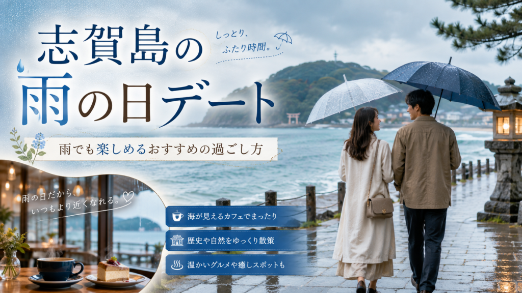 雨の日の志賀島で傘を差して海辺を歩く男女と、カフェやグルメも紹介したデート向けのアイキャッチ画像