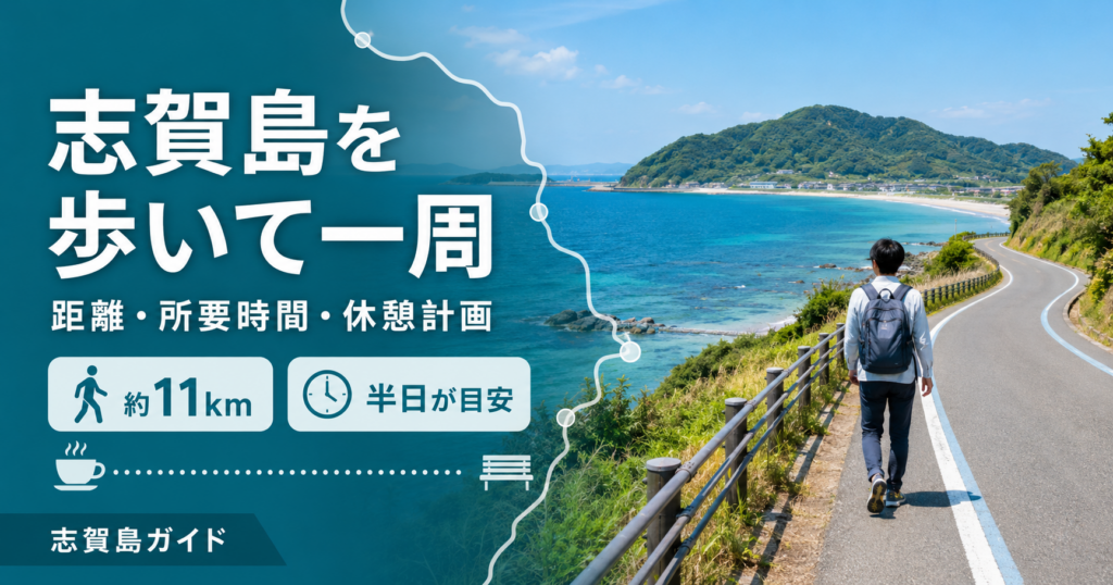 志賀島の海沿いを歩く男性と「約11km・半日が目安」を示した一周ウォーキングのアイキャッチ画像